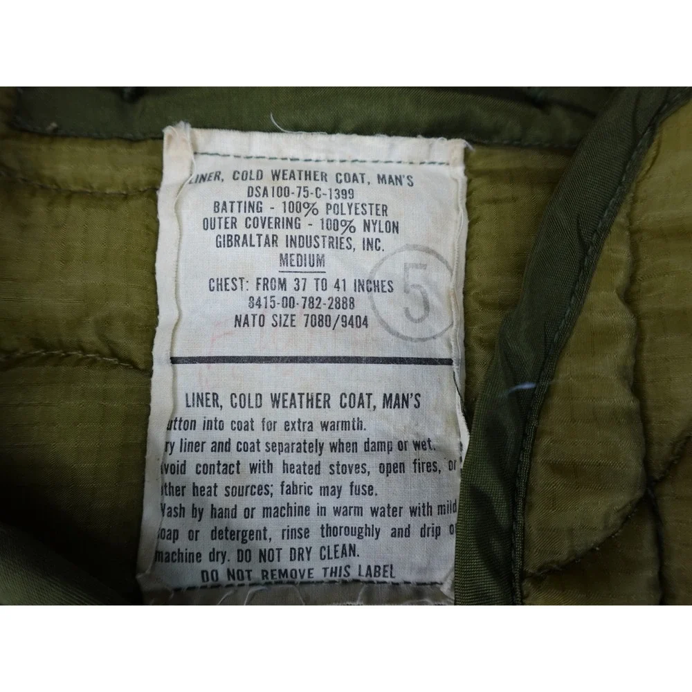 Gibraltar Industries M-65 Field Jacket Liner Mens Medium Green Good 1975 Quilted